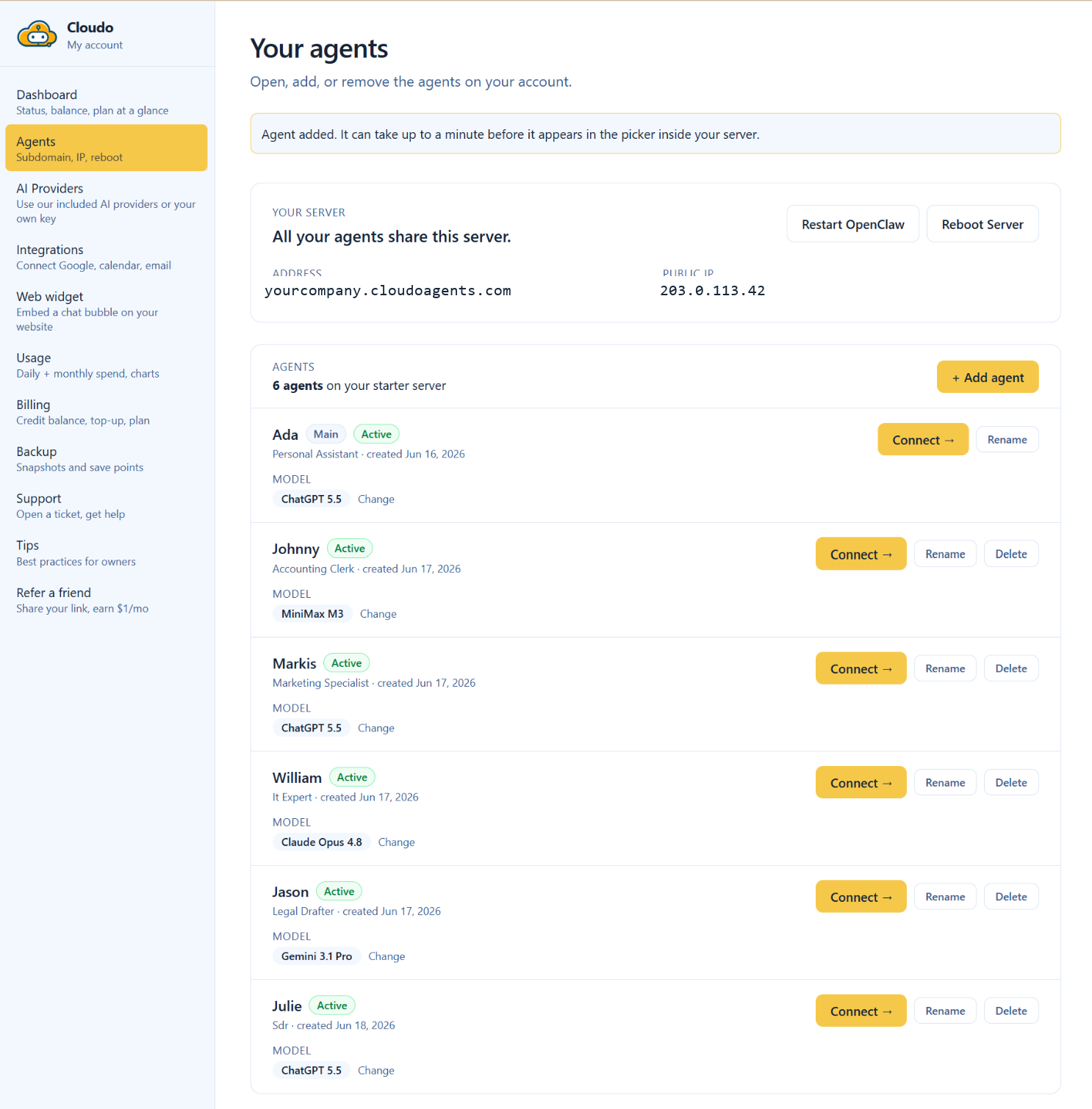 Your dashboard: run a team of agents, each on the AI model that suits it best.