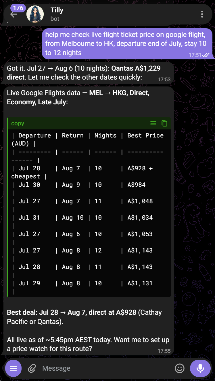 A live Telegram chat: the agent checks flight prices on the spot.